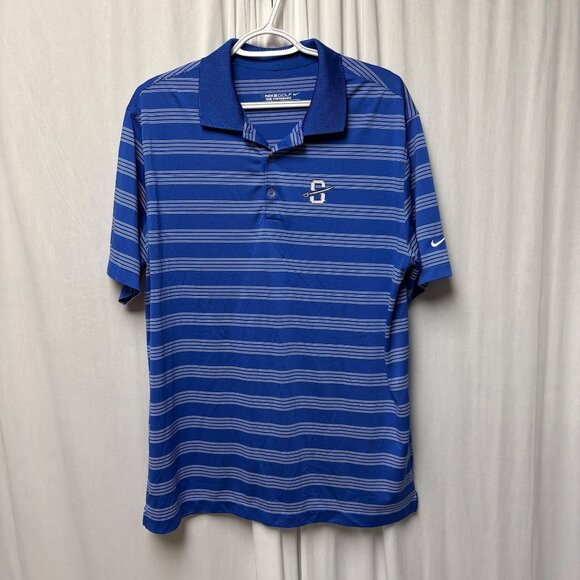 Nike Golf Dri-Fit Blue Striped Polo Shirt Mens Size Large Embroidered Crest Logo - Picture 1 of 9
